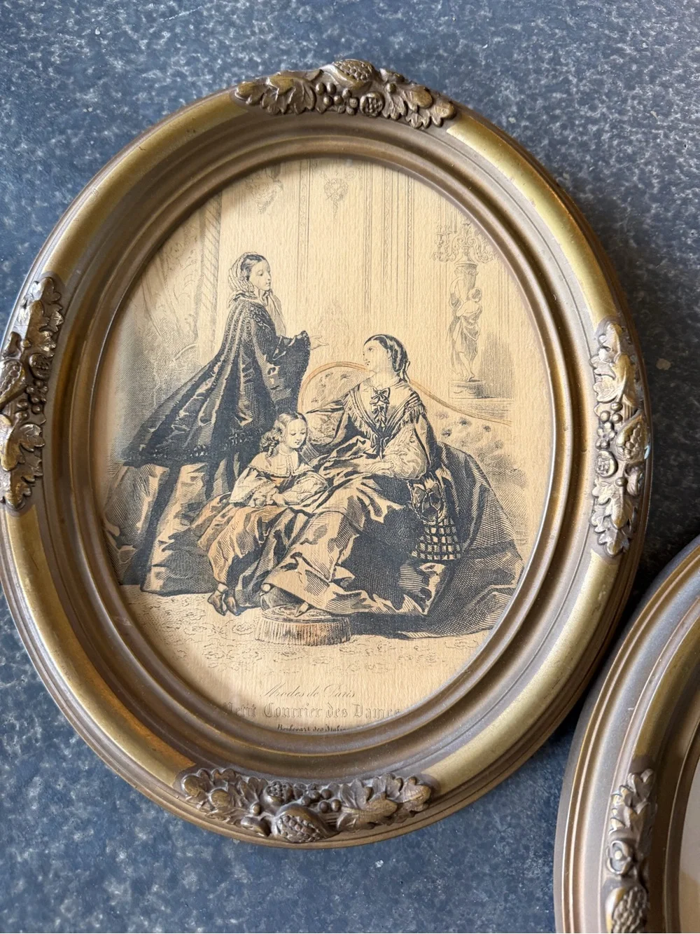 Antique Oval framed La Mode Illustree‎ Ladies in Gowns Paris mid 1800's set 2